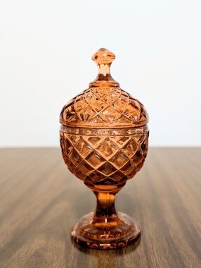 Vintage Dark Honey Amber Pressed Glass Tiny Footed Candy Or Trinket Jar With Lid